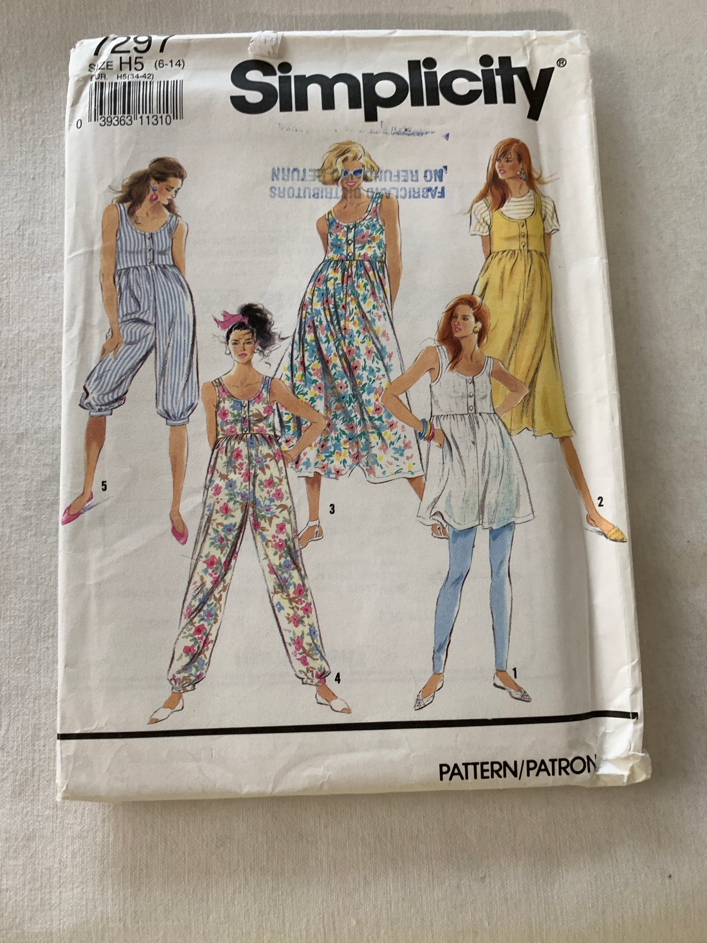Simplicity Sewing Pattern 7297 Misses' Maternity Dress, Jumper, Jumpsuit, Top, Button Front, Sleeveless, Zipper Back, Size 6-14, Uncut, Vintage 1991