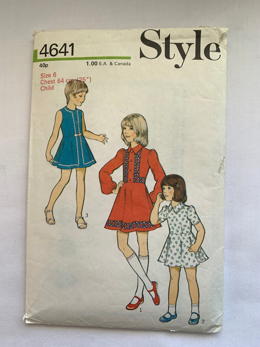 Style Sewing Pattern 4641 Girls' Dress, Zipper Back, Long/Short Sleeves, Collar, Round Neckline, Size 6, Cut, Vintage 1974