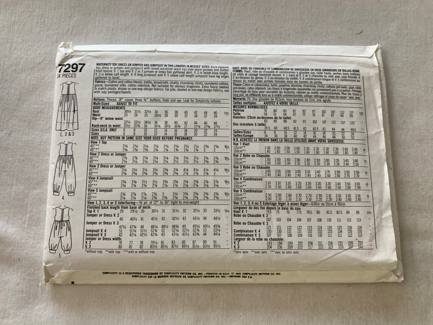 Simplicity Sewing Pattern 7297 Misses' Maternity Dress, Jumper, Jumpsuit, Top, Button Front, Sleeveless, Zipper Back, Size 6-14, Uncut, Vintage 1991