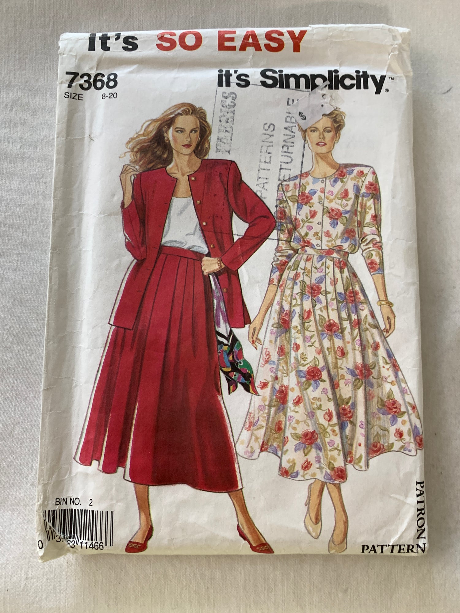 Simplicity Sewing Pattern 7368 Misses' Jacket, Skirt, Button Front, Pull-On, Size 8-20, Uncut, Vintage 1991