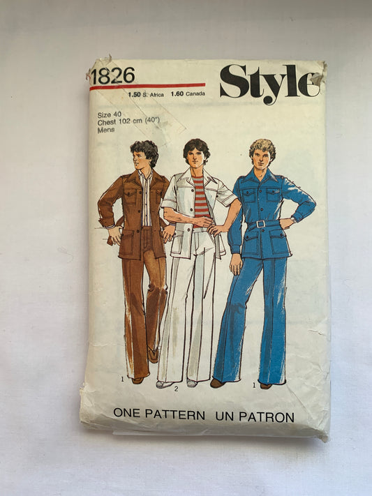 Style Sewing Pattern 1826 Men's Unlined Jacket, Trousers, Pants, Long/Short Sleeves, Pockets, Fly Zipper, Size 40, Cut, Vintage 1977
