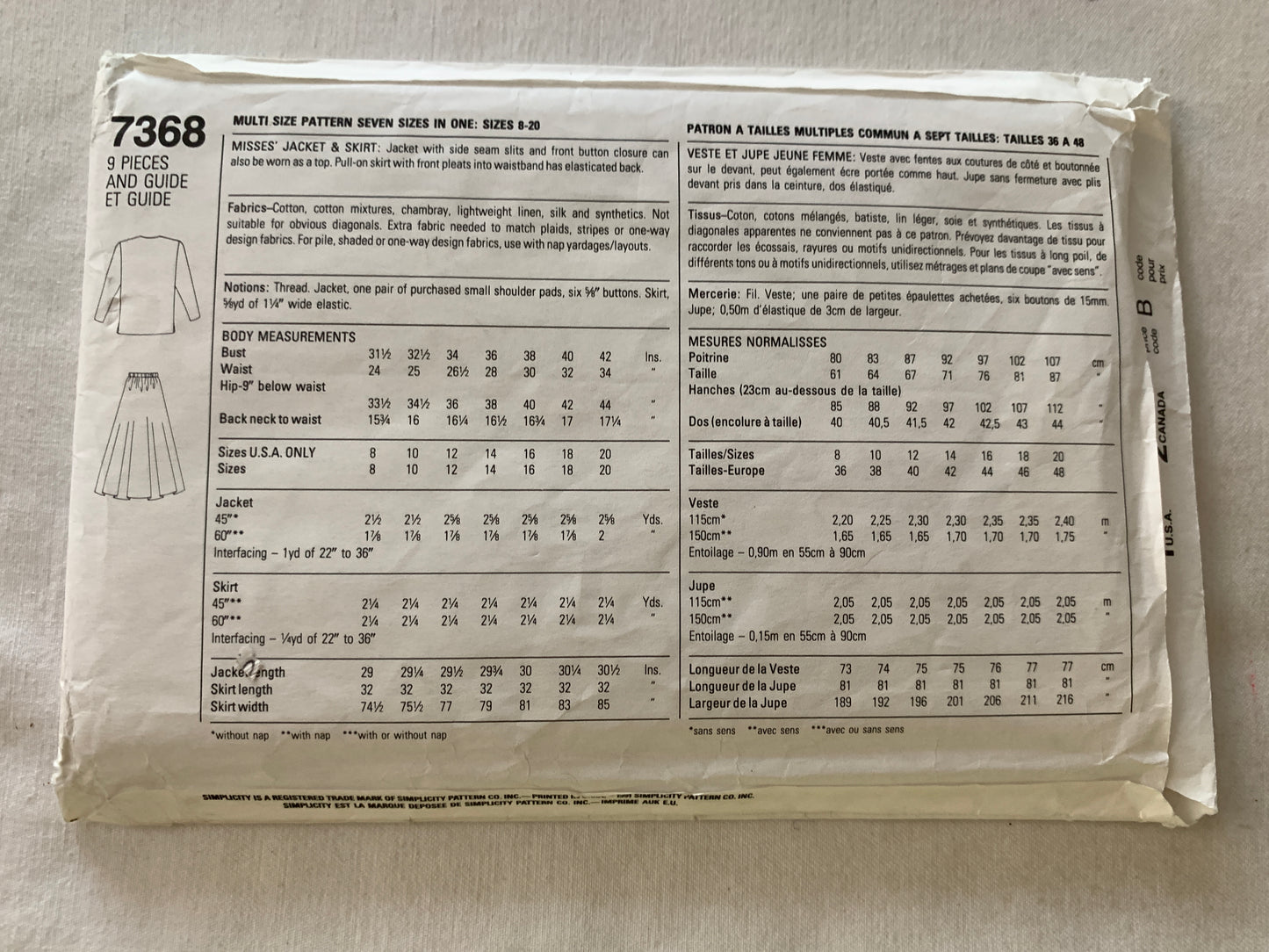 Simplicity Sewing Pattern 7368 Misses' Jacket, Skirt, Button Front, Pull-On, Size 8-20, Uncut, Vintage 1991