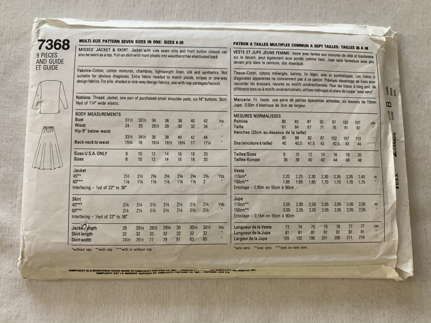 Simplicity Sewing Pattern 7368 Misses' Jacket, Skirt, Button Front, Pull-On, Size 8-20, Uncut, Vintage 1991