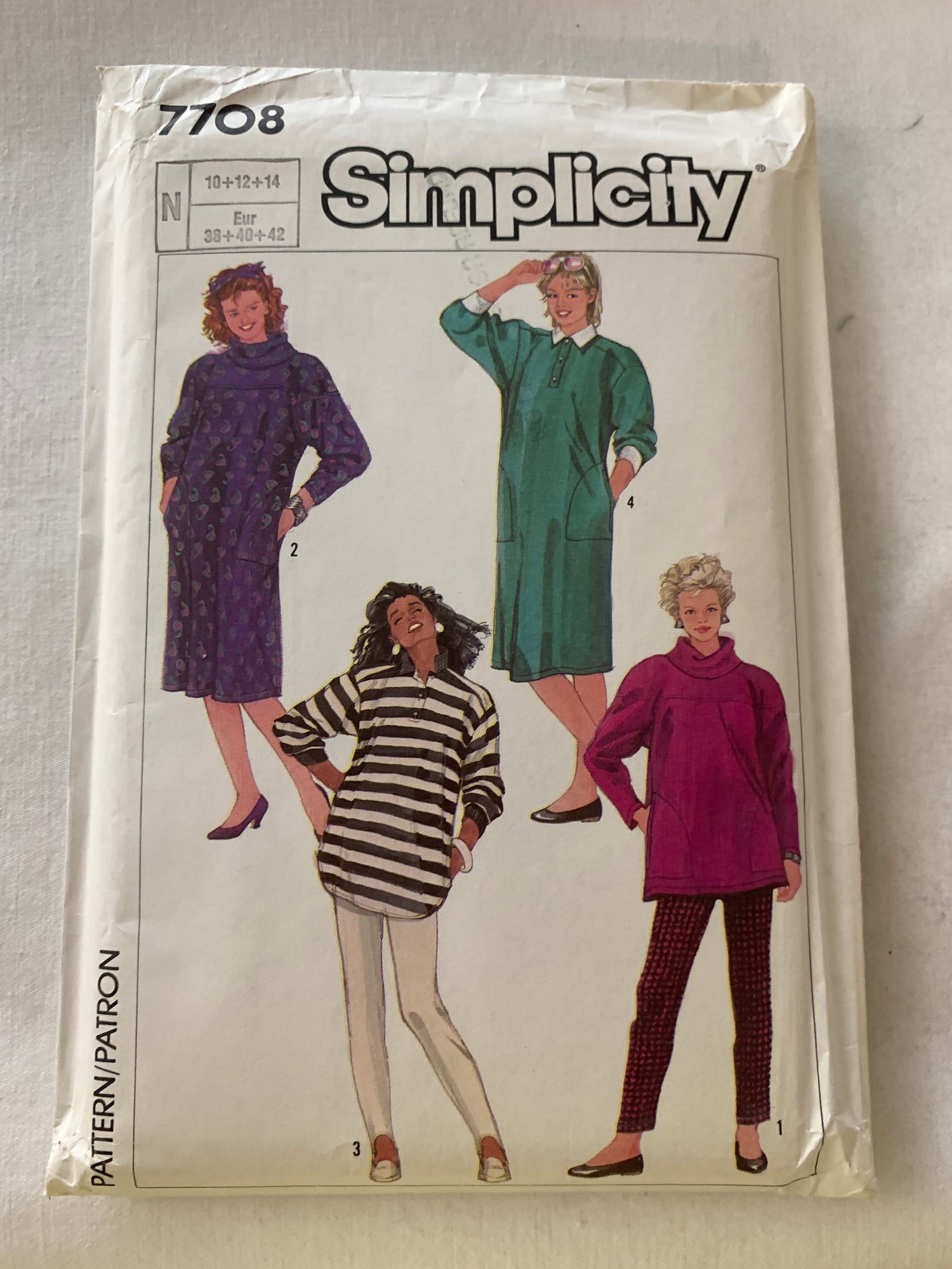 Simplicity Sewing Pattern 7708 Misses' Maternity Dress, Tops, Stirrups Pants, Two Lengths, Loose-Fitting, Stretch Knits, Size 10-24, Uncut, Vintage 1986