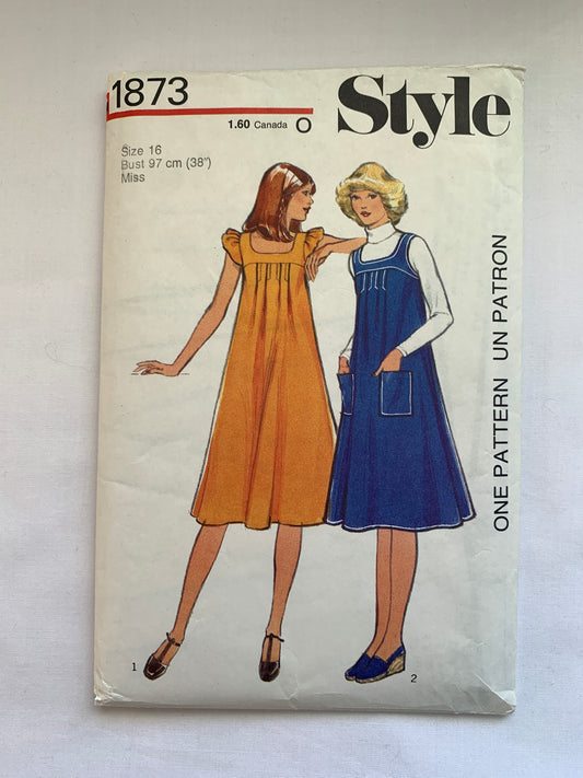 Style Sewing Pattern 1873 Misses' Dress, Sleeveless, Pinafore, Flared Skirt, Zipper Back, Two Variations, Size 16, Cut, Vintage 1977
