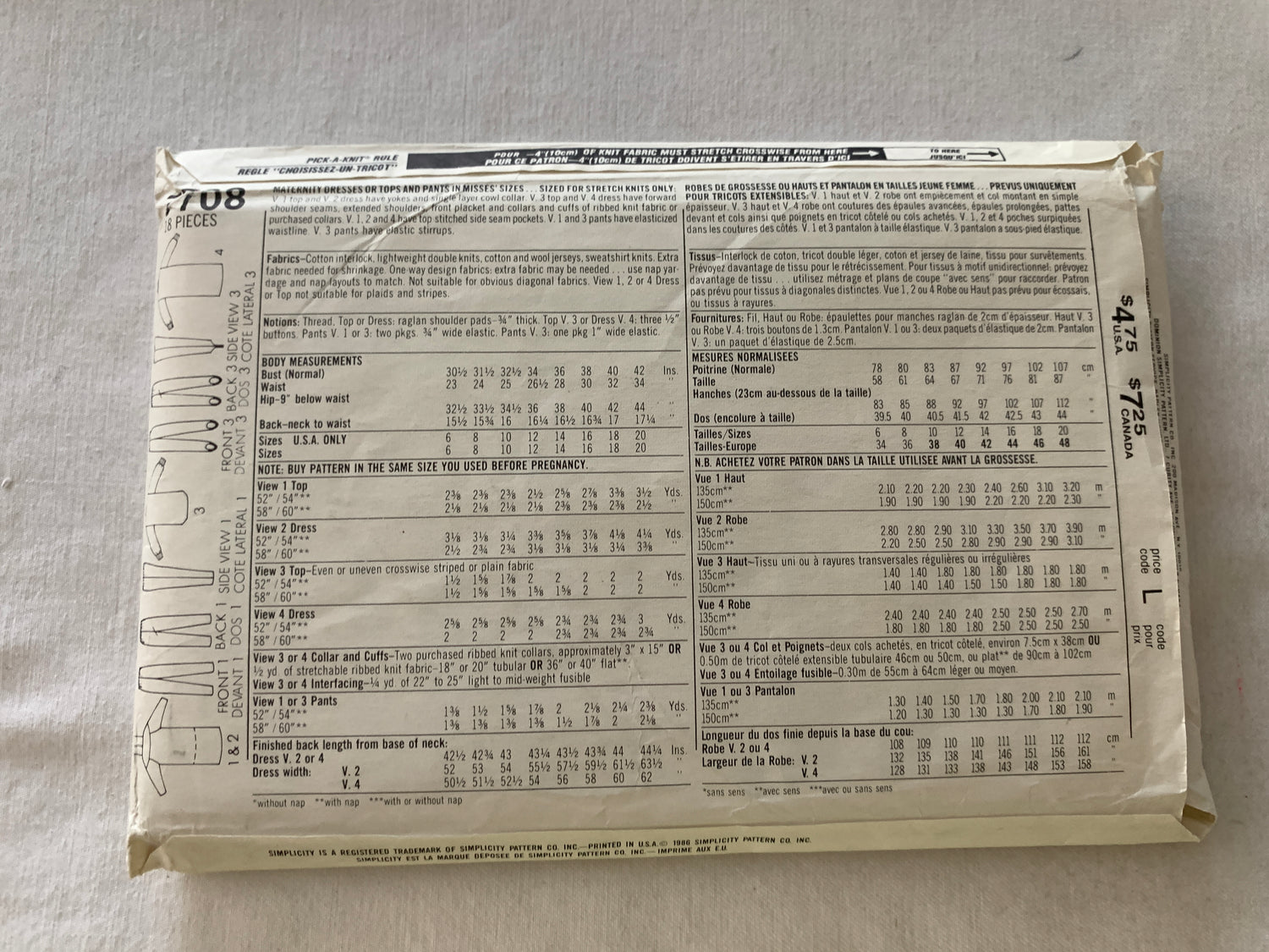 Simplicity Sewing Pattern 7708 Misses' Maternity Dress, Tops, Stirrups Pants, Two Lengths, Loose-Fitting, Stretch Knits, Size 10-24, Uncut, Vintage 1986