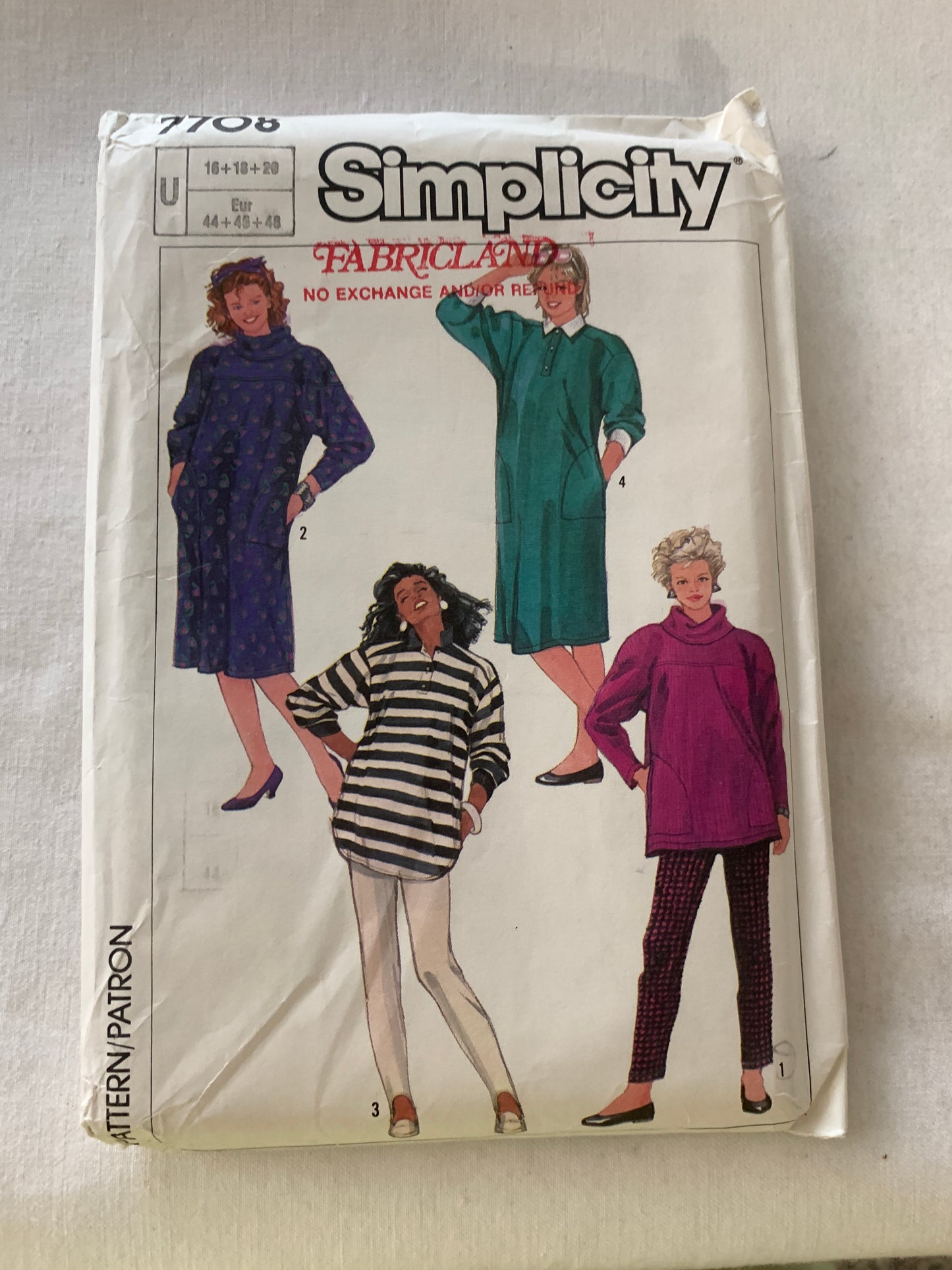 Simplicity Sewing Pattern 7708 Misses' Maternity Dress, Tops, Stirrups Pants, Two Lengths, Loose-Fitting, Stretch Knits, Size 16-20, Uncut, Vintage 1986 