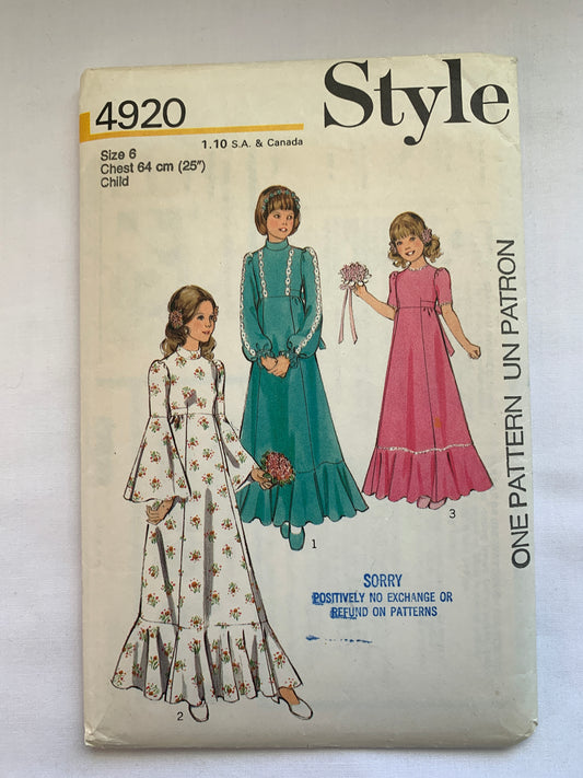 Style Sewing Pattern 4920 Girls' Dress, Bridesmaid, Zipper Back, Long/Shorts Sleeves, Floor Length, Ruffles, High Waist, Size 6, Cut, Vintage 1974