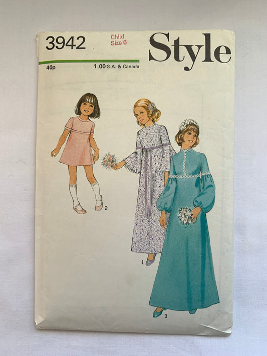 Style Sewing Pattern 3942 Girls' Dress, Zipper Back, Long/Shorts Sleeves, Two Lengths, Size 6, Cut, Vintage 1972