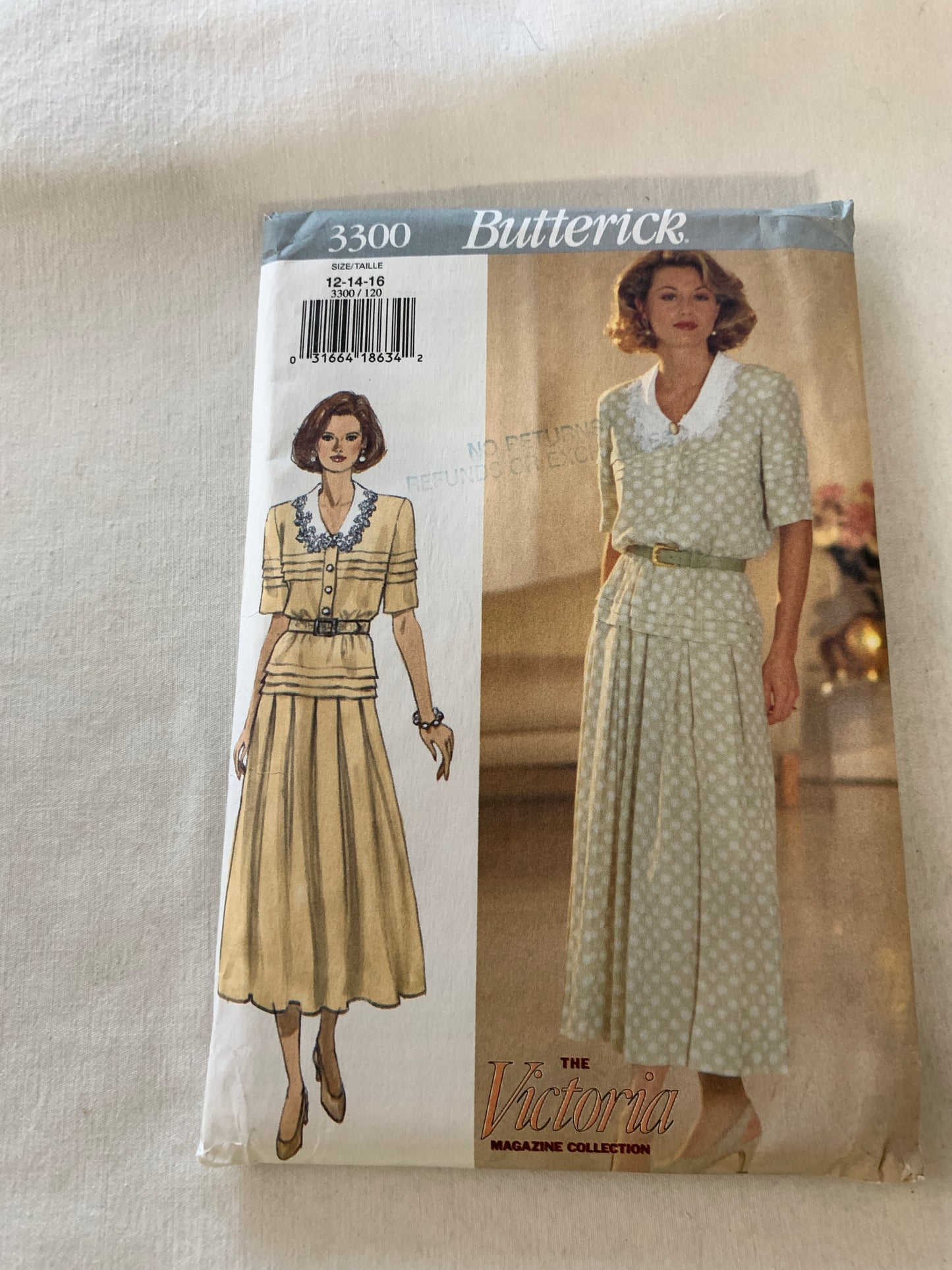 Butterick Sewing Pattern 3300 Misses' Dress, Long Sleeves, Flared Skirt, Loose-Fitting, Shoulder Pads, Button Front, Size 12-16, Uncut, Vintage 1994
