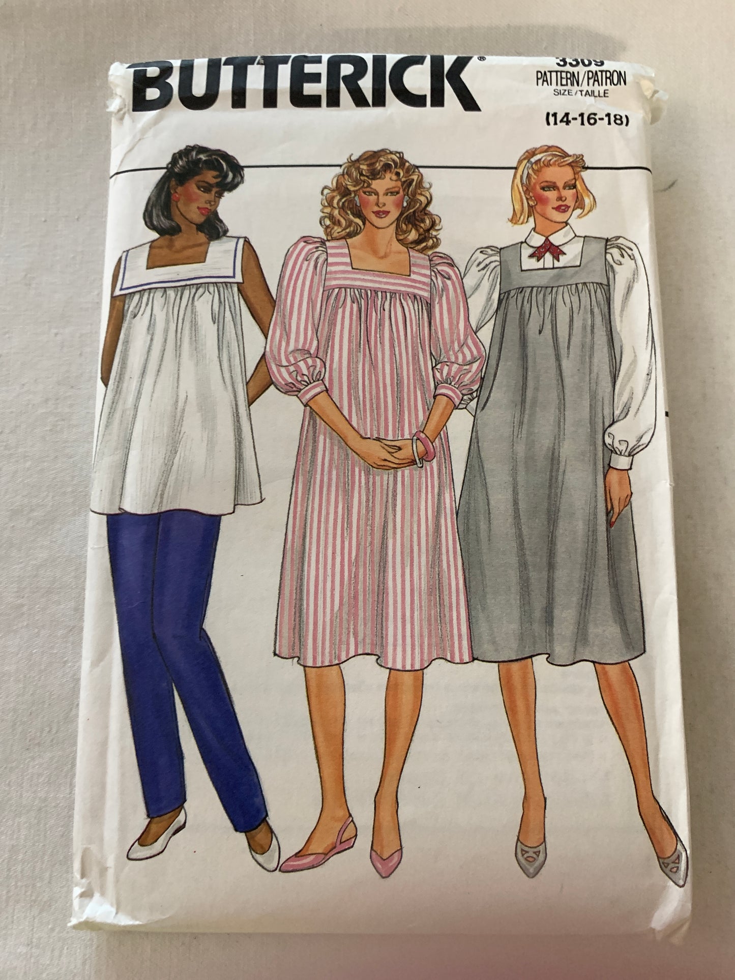 Butterick Sewing Pattern 3309 Misses' Maternity Dress, Top, Pants, Jumper, Loose-Fitting, Long Sleeves, Sleeveless, Elastic Waist, Size 6-14, Uncut, Vintage 1985