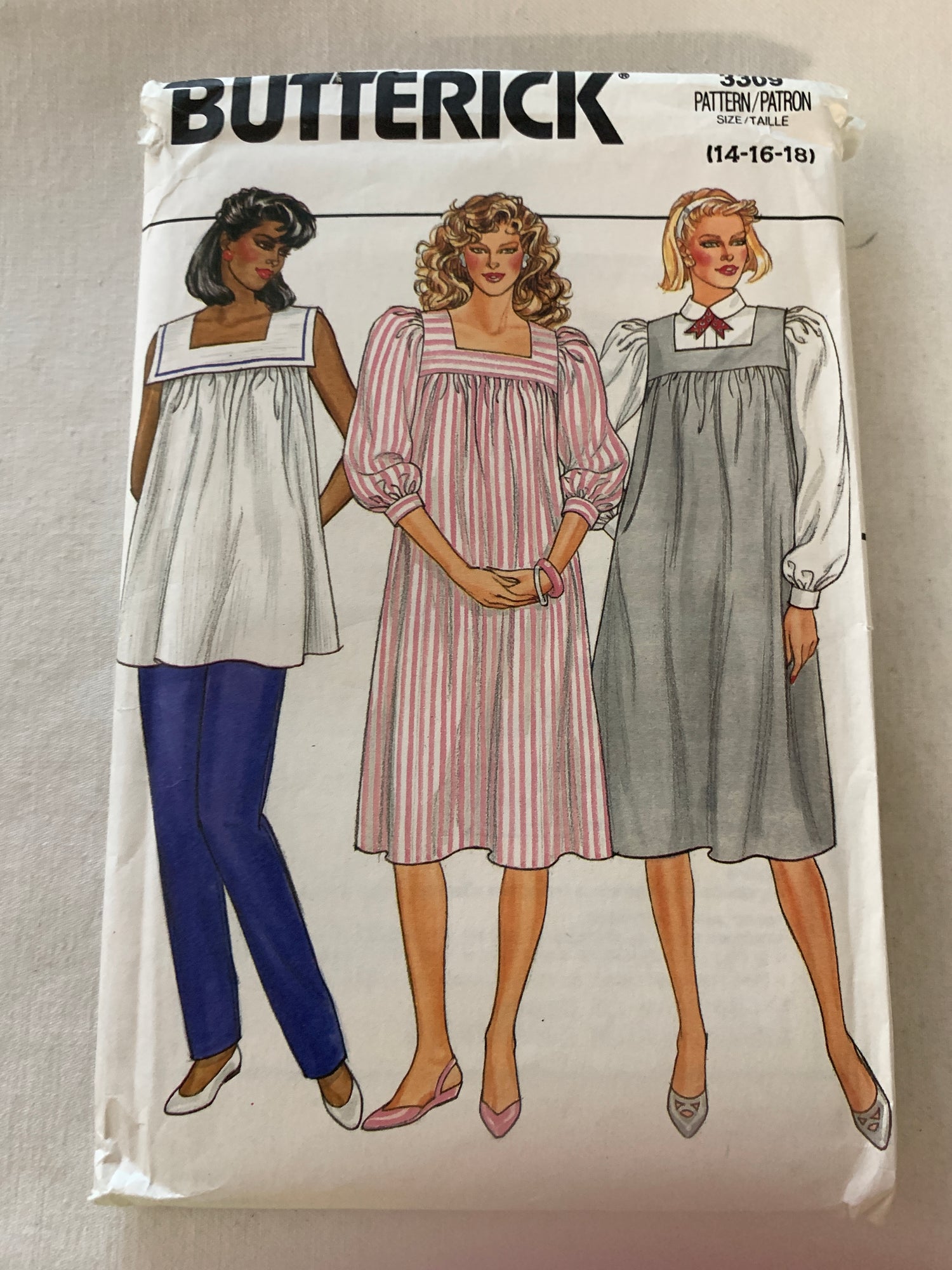 Butterick Sewing Pattern 3309 Misses' Maternity Dress, Top, Pants, Jumper, Loose-Fitting, Long Sleeves, Sleeveless, Elastic Waist, Size 6-14, Uncut, Vintage 1985