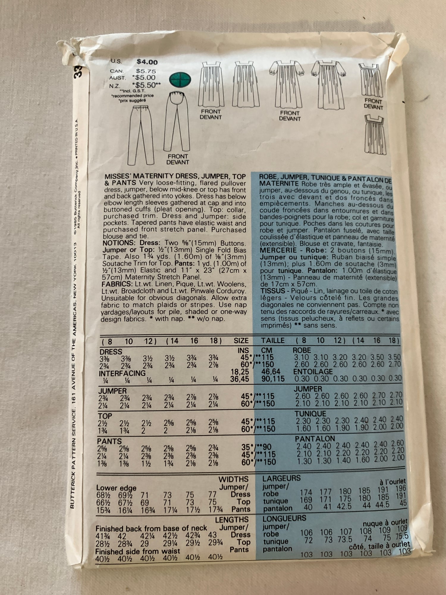 Butterick Sewing Pattern 3309 Misses' Maternity Dress, Top, Pants, Jumper, Loose-Fitting, Long Sleeves, Sleeveless, Elastic Waist, Size 6-14, Uncut, Vintage 1985