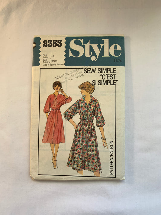 Style Sewing Pattern 2353 Misses' Dress, Pullover, Pockets, Elastic Waist, 2 Variations, Size 12, Cut, Vintage 1978