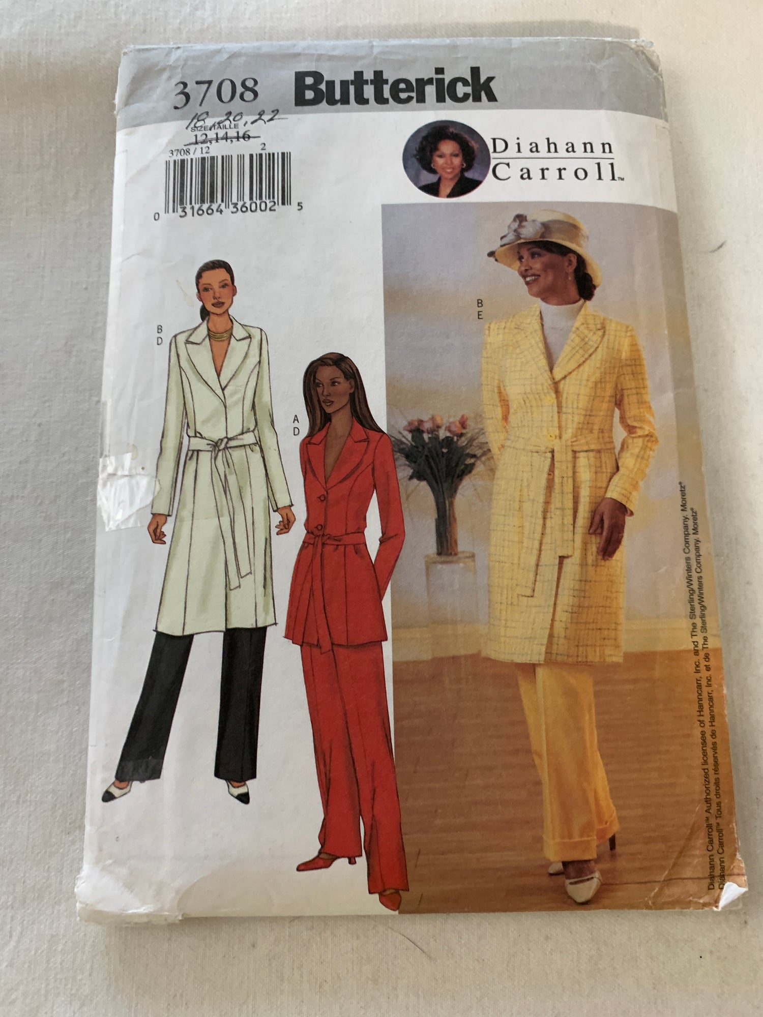 Butterick Sewing Pattern Diahann Carroll 3708 Misses'/Misses' Petite Jacket, Pants, Belt, Semi-Fitted, Size 18-22, Uncut, 2002 