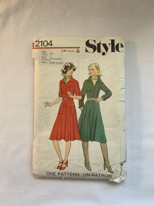 Style Sewing Pattern 2104Misses' Dress, Overdress, Long/Short Sleeves, Flared Skirt, Zipper Front, Pockets, Size 12, Cut, Vintage 1977
