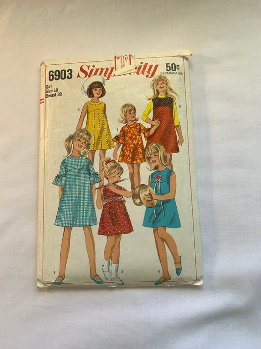 Simplicity Sewing Pattern 6903 Girls' Dress, Jumper, Sleeveless, Short Sleeves, Empire Waist, Size 10, Cut, Vintage 1966