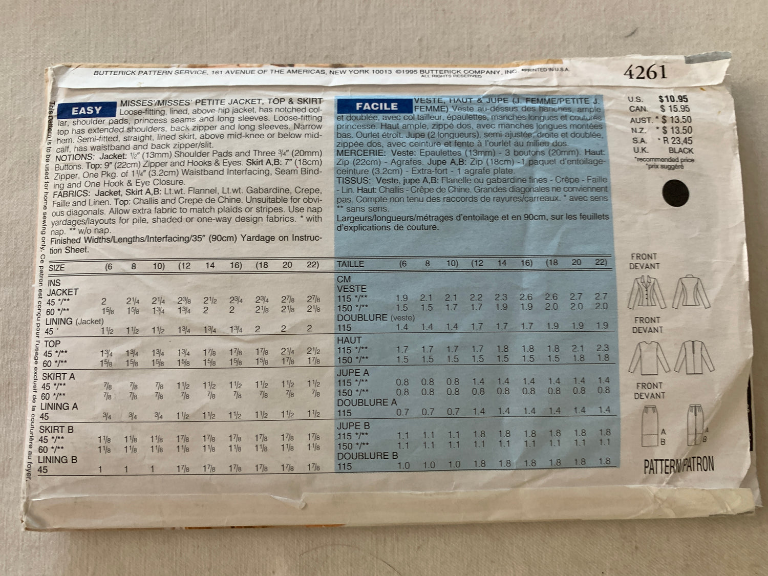 Butterick Sewing Pattern 4261 Misses'/Miss Petite Lined Jacket, Top, Skirt, Princess Seams, Zipper Back, Size 6-10, Uncut, Vintage 1995