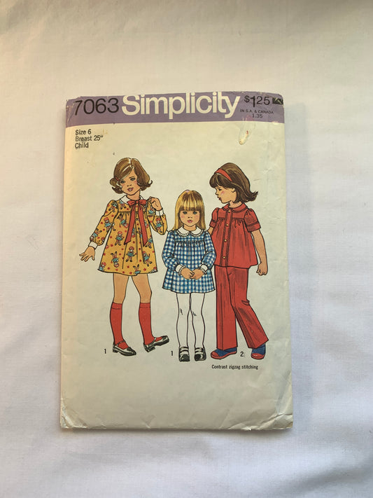 Simplicity Sewing Pattern 7063 Girls' Dress, Top, Pants, Zipper Back, Short/Long Sleeves, Collar, Size 6, Cut, Vintage 1975