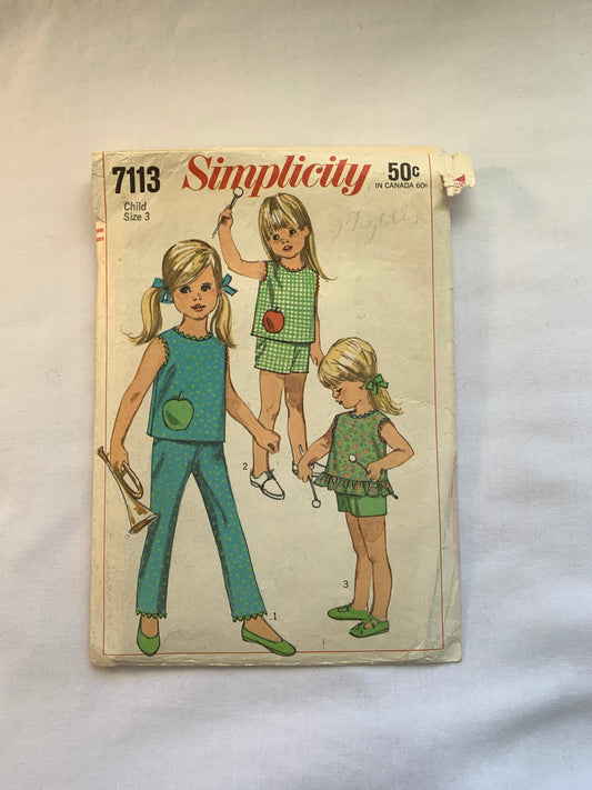 Simplicity Sewing Pattern 7113 Girls' Top, Overblouse, Pants, Shorts, Sleeveless, Zipper Back, Size 3, Cut, Vintage 1967