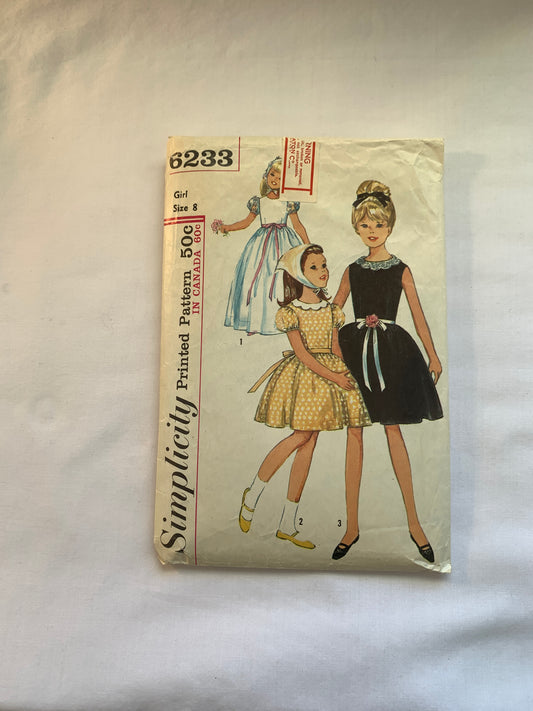 Simplicity Sewing Pattern 6233 Girls' Dress, Two Lengths, Scarf, Zipper Back, Short Sleeves, Sleeveless, Size 8, Cut, Vintage 1965
