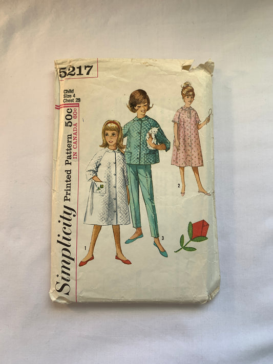 Simplicity Sewing Pattern 5217 Girls' Sleepwear, Housecoat, Pajamas Robe, Top, Pants, Long/Short Sleeves, Pockets, Button Front, Size 4, Cut, Vintage 1950