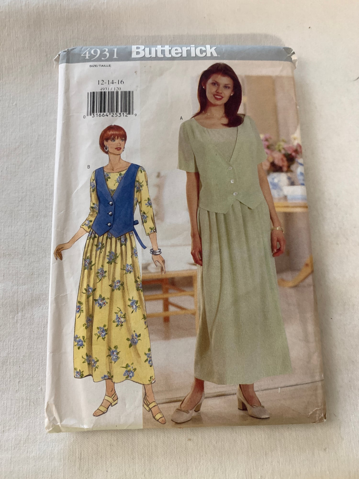 Butterick Sewing Pattern 4931 Misses' Dress, Loose fitting, Tie Ends, Dropped Waist, Size 12-16, Uncut, Vintage 1997