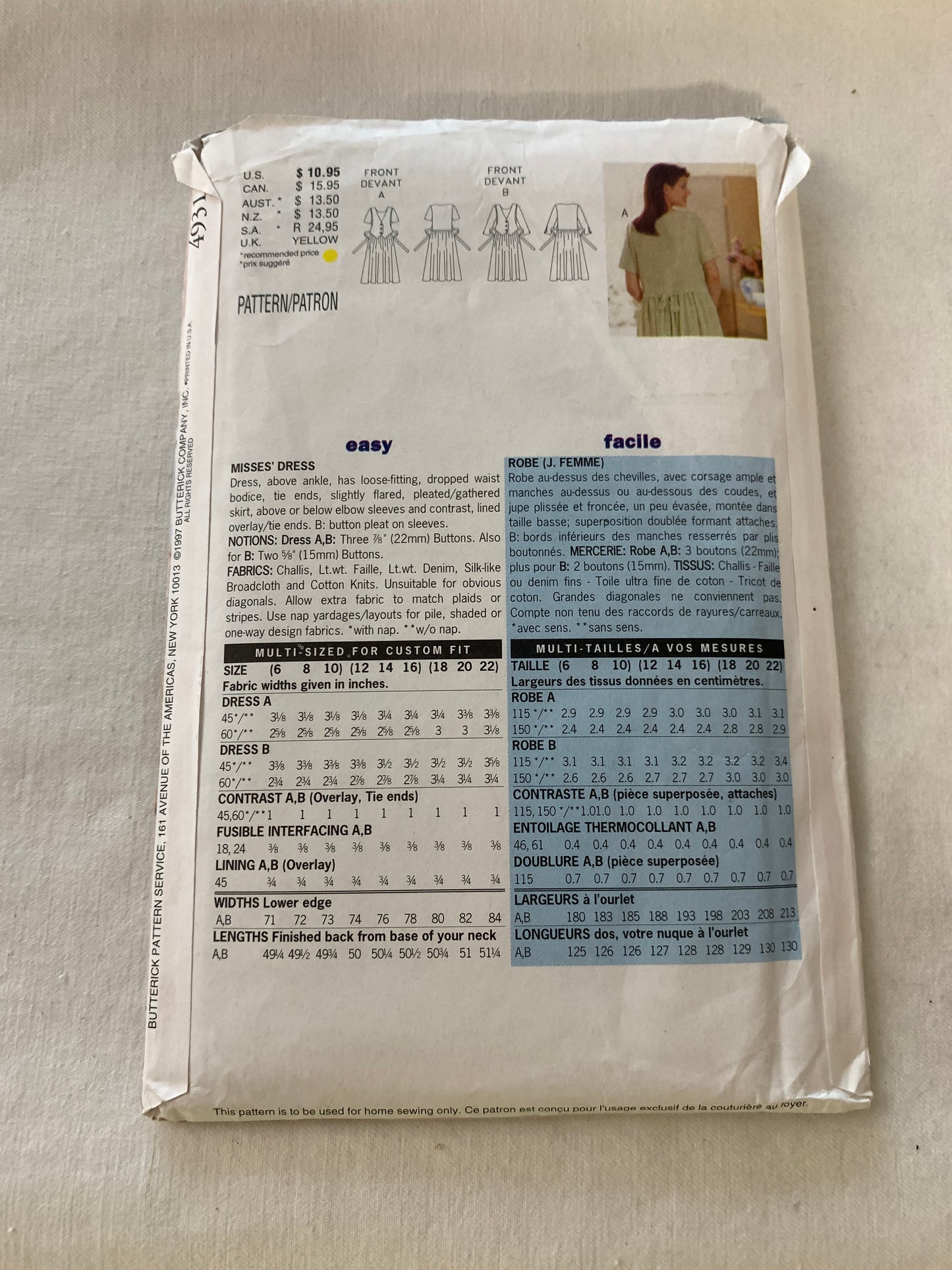 Butterick Sewing Pattern 4931 Misses' Dress, Loose fitting, Tie Ends, Dropped Waist, Size 12-16, Uncut, Vintage 1997