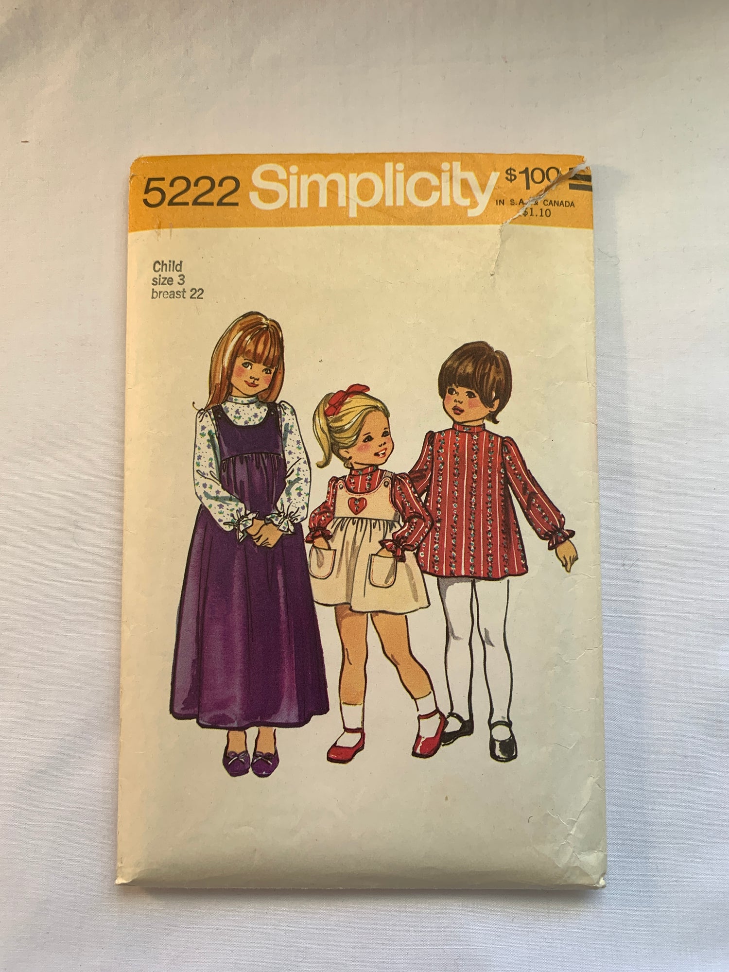 Simplicity Sewing Pattern 5222 Girls' Dress, Jumper, Long Sleeves, Zipper Back, Two Lengths, Sleeveless, Size 3, Cut, Vintage 1972