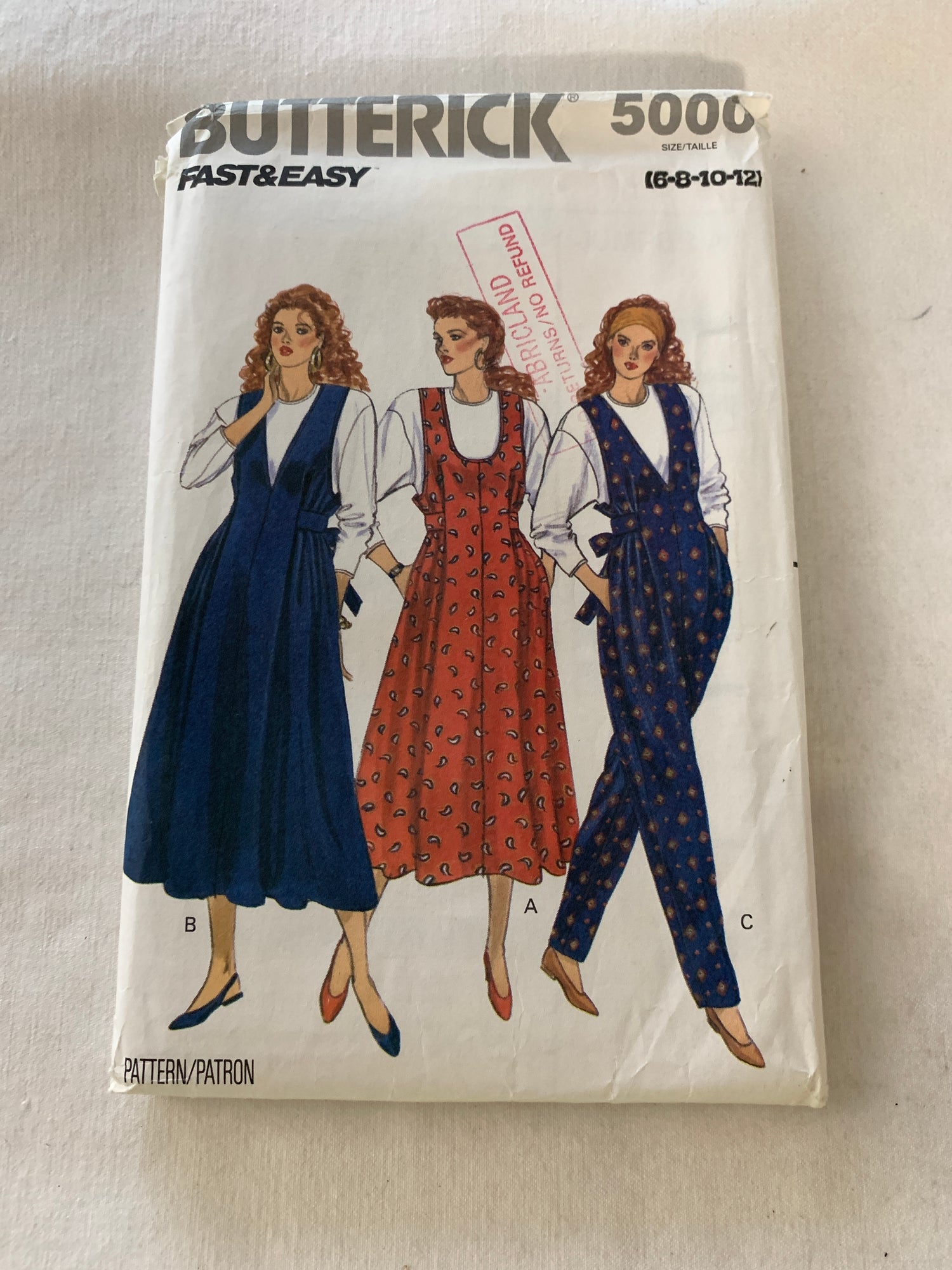 Butterick Sewing Pattern 5000 Misses' Maternity Jumper, Jumpsuit, Top, Loose-Fitting, Long Sleeves, Sleeveless, Size 6-12, Uncut, Vintage 1990