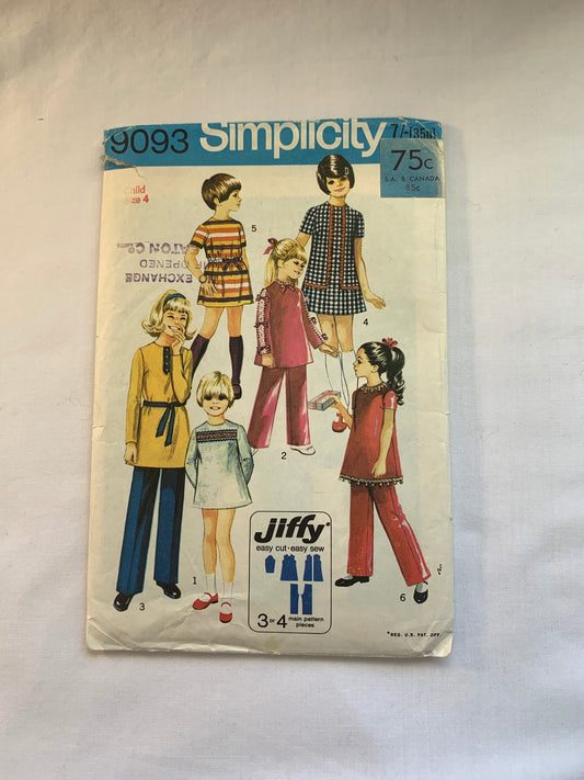 Simplicity Jiffy Sewing Pattern 9093 Girls' Mini-Dress, Pants, Zipper Back, Long/Short Sleeves, Size 4, Cut, Vintage 1970