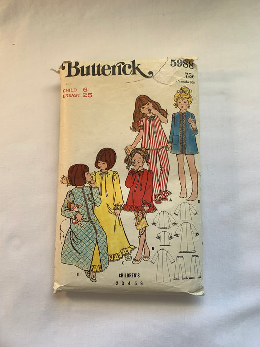 Butterick Sewing Pattern 5988 Girls' Pajamas, Nightgown, Sleepwear, Robe, Top, Pants, Two Lengths, Long/Short Sleeves, Size 6, Cut, Vintage 1970