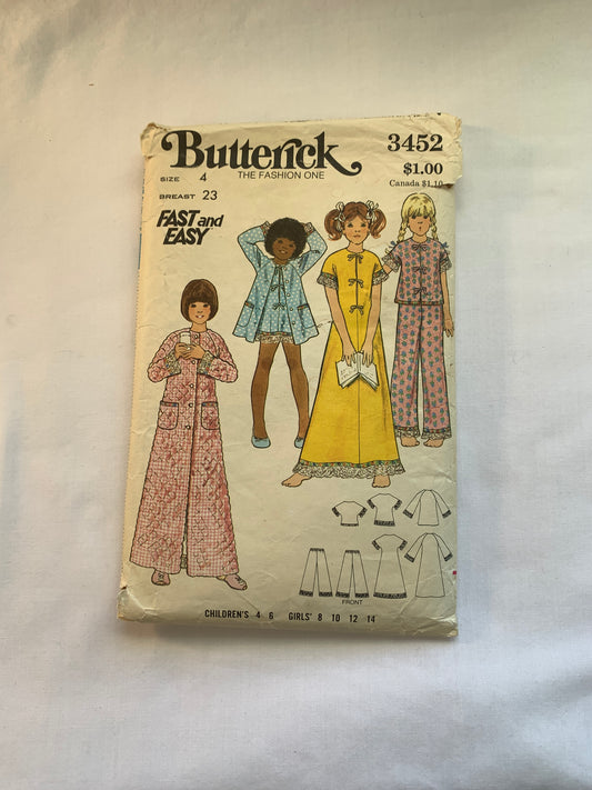 Butterick Sewing Pattern 3452 Girls' Pajamas, Nightgown, Sleepwear, Robe, Top, Pants, Two Lengths, Long/Short Sleeves, Size 4, Cut, Vintage 1970