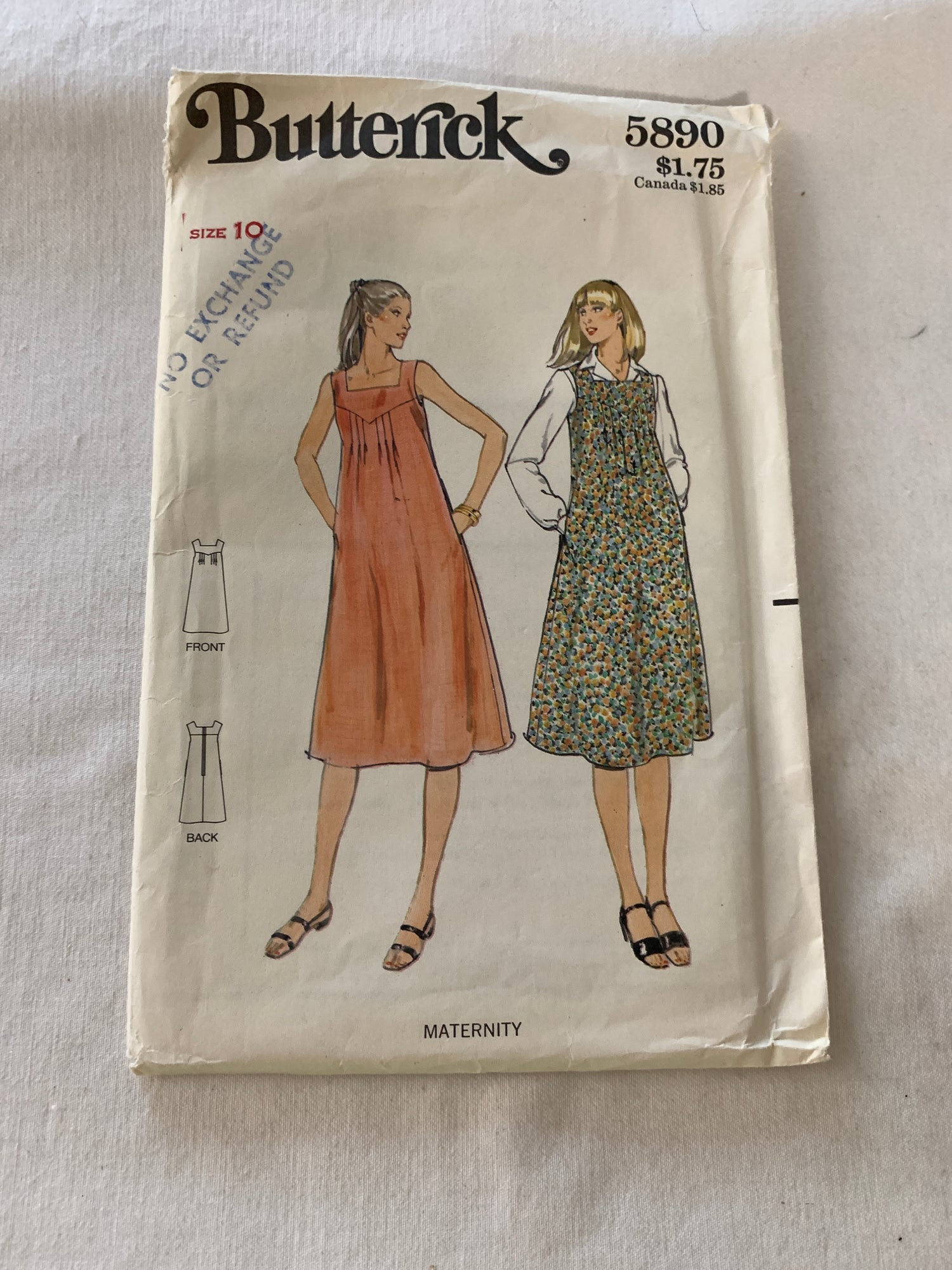 Butterick Sewing Pattern 5890 Misses' Maternity Jumper, Dress, Zipper Back, Pockets, A-line, Size 10, Uncut, Vintage 1990