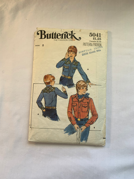 Butterick Sewing Pattern 5041 Boy's Shirt, Snap/Button Front, Pocket, Collar, 3 Variations, Long Sleeves, Size 8, Cut, Vintage 1960