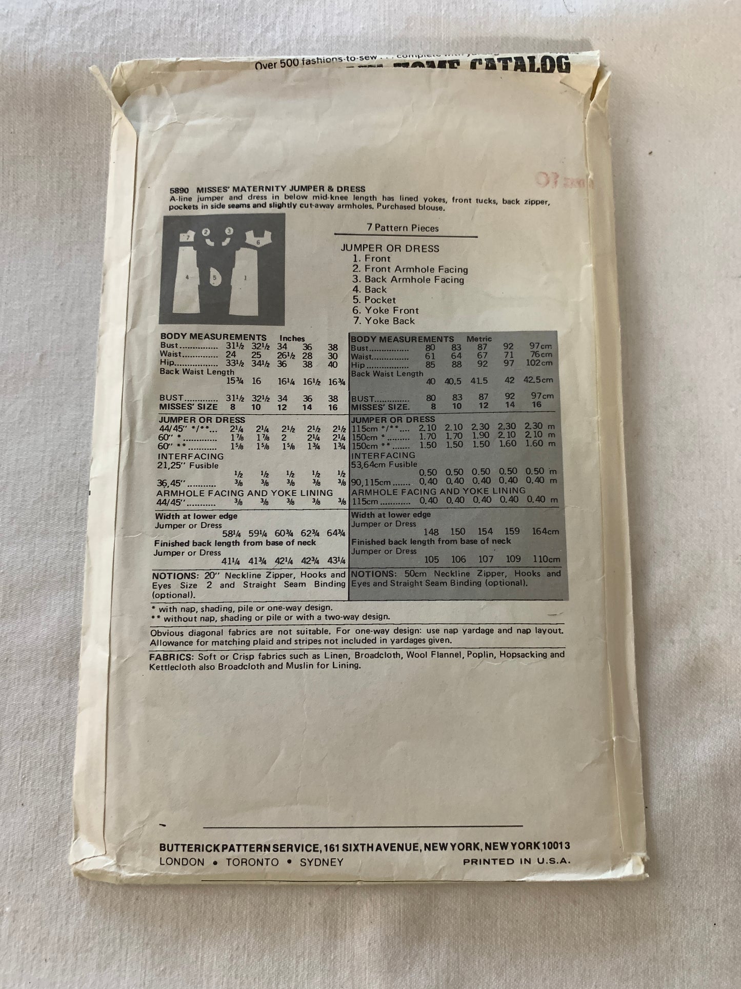 Butterick Sewing Pattern 5890 Misses' Maternity Jumper, Dress, Zipper Back, Pockets, A-line, Size 10, Uncut, Vintage 1990