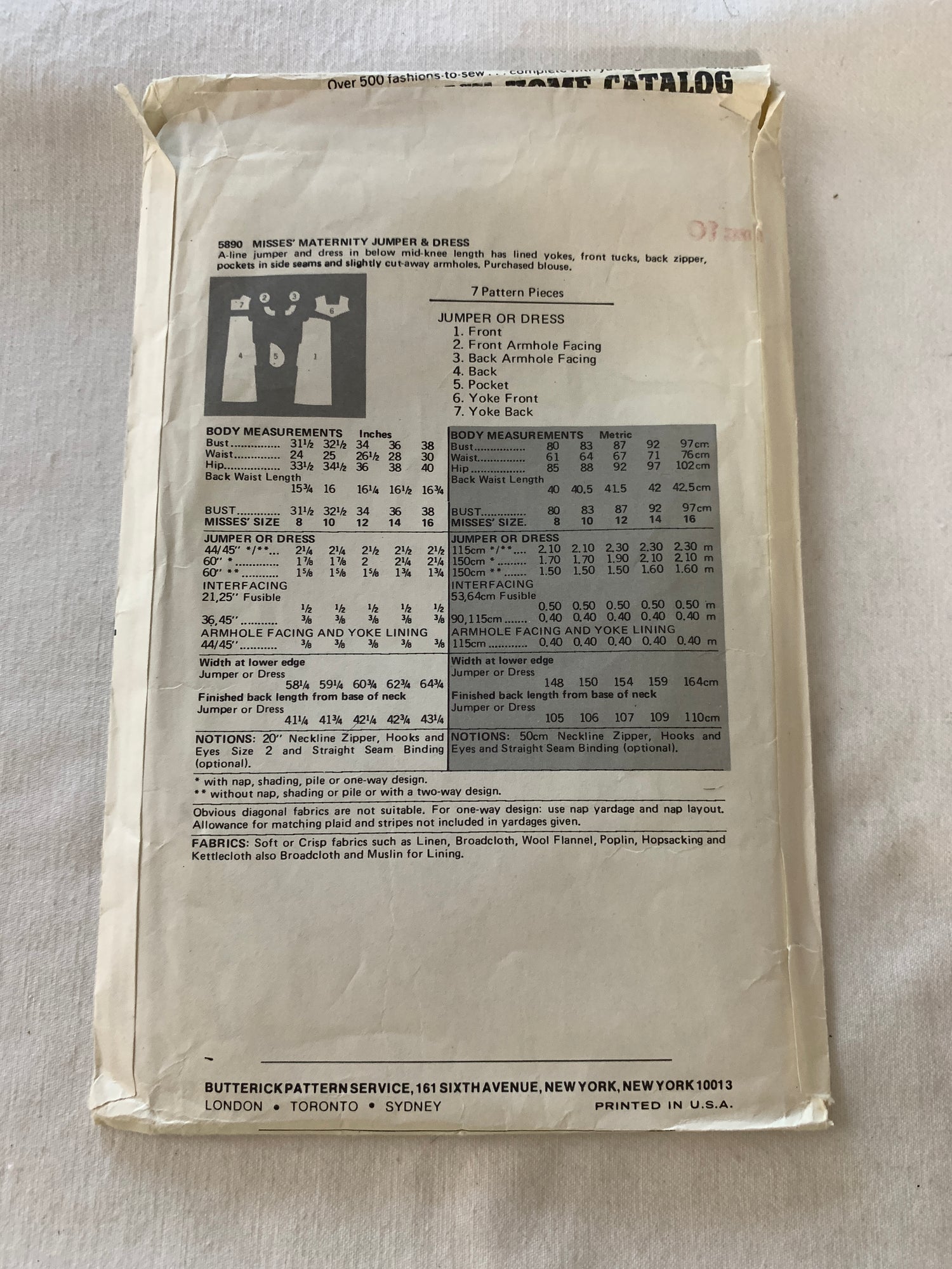 Butterick Sewing Pattern 5890 Misses' Maternity Jumper, Dress, Zipper Back, Pockets, A-line, Size 10, Uncut, Vintage 1990