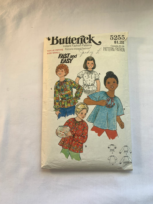 Butterick Sewing Pattern 5255 Girls' Blouse, Loose-Fitting, 4 Variations, Long/Short Raglan Sleeves, Elastic Waist, Size 7, Cut, Vintage 1970