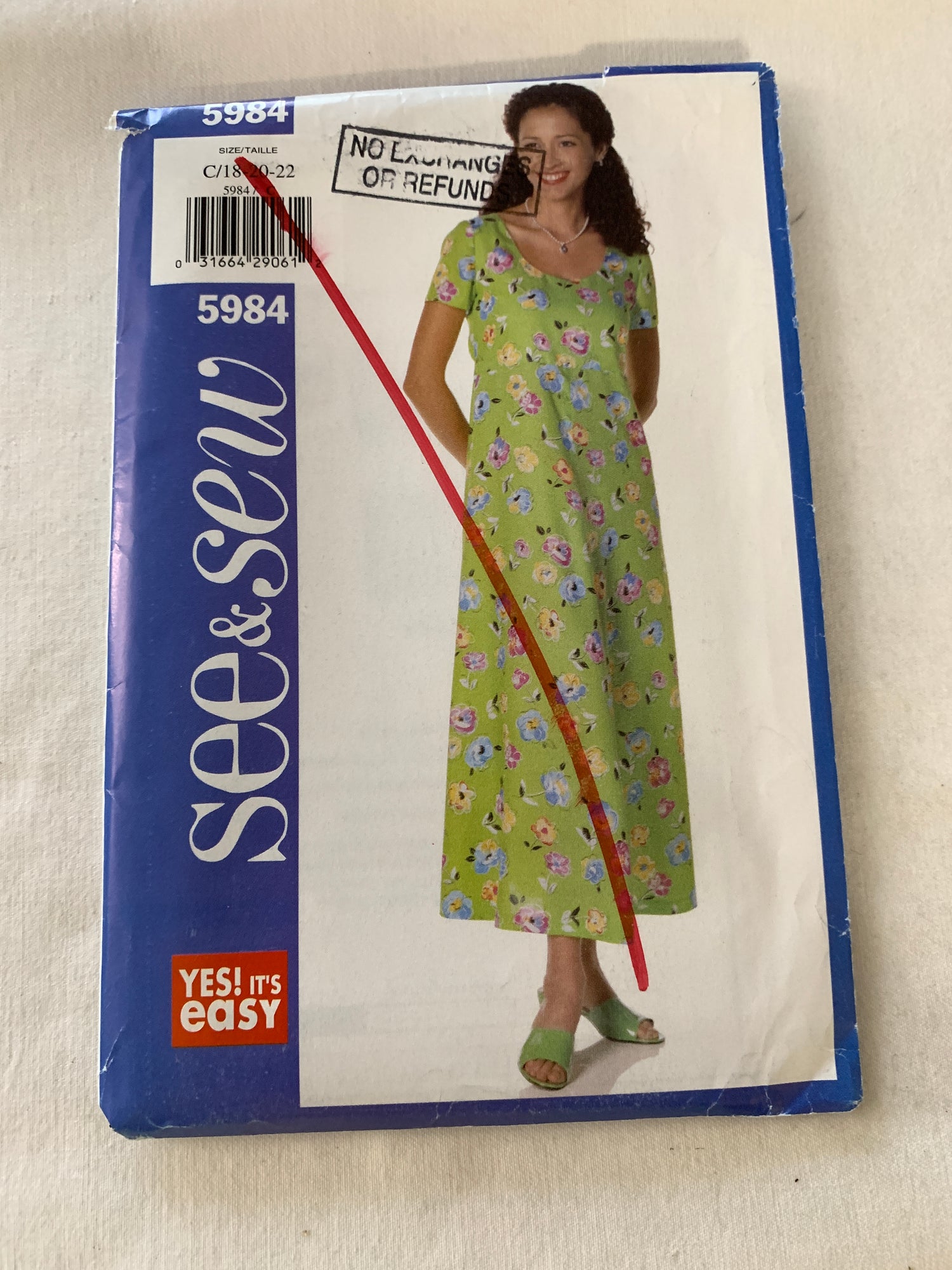 Butterick See & Sew Sewing Pattern 5981 Misses'/Misses' Petite Dress, Above Ankle, Pullover, Raised Waist, Size 18-22, Uncut, Vintage 1998