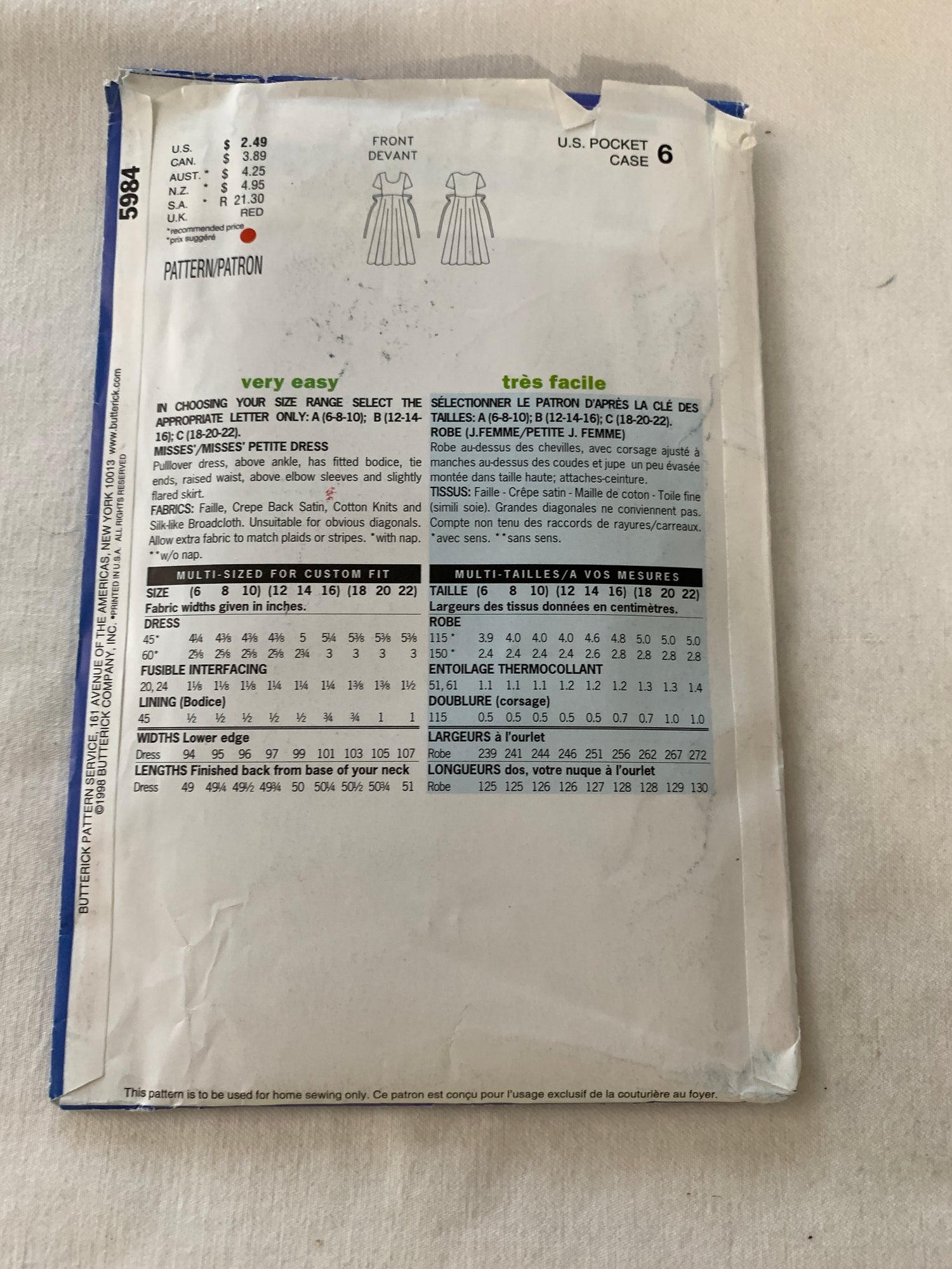 Butterick See & Sew Sewing Pattern 5981 Misses'/Misses' Petite Dress, Above Ankle, Pullover, Raised Waist, Size 18-22, Uncut, Vintage 1998