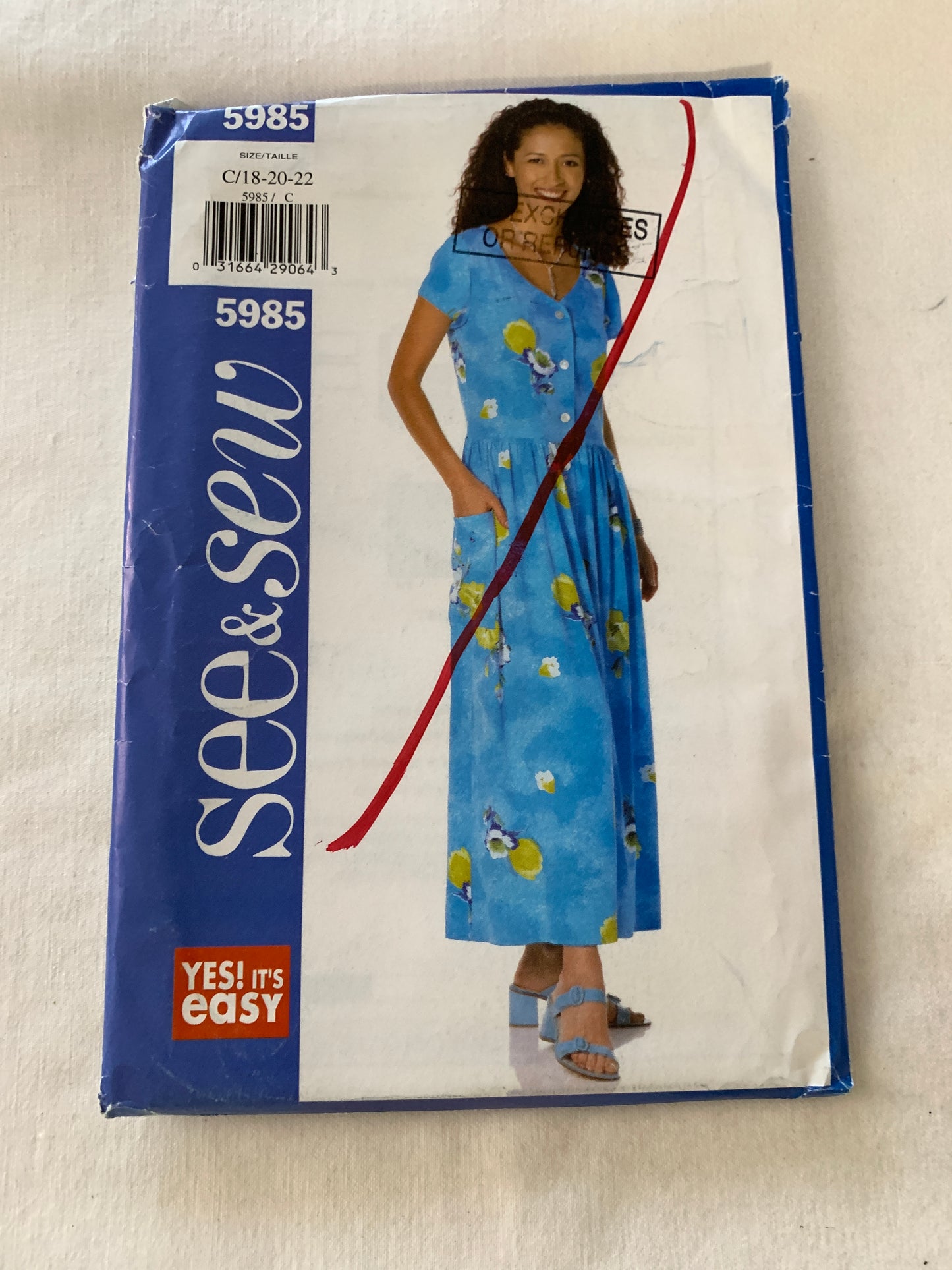 Butterick See & Sew Sewing Pattern 5985 Misses'/Misses' Petite Dress, Above Ankle, Button Front, Tie Ends, Dirndl Skirt, Size 18-22, Uncut, Vintage 1998 
