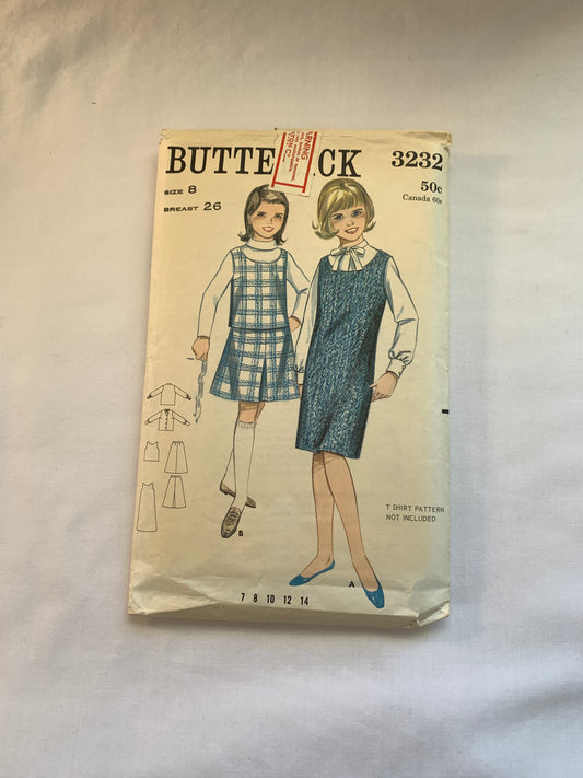 Butterick Sewing Pattern 3232 Girls' Dress, Jumper, Shift, Top, Skirt, Long Sleeves, Collar, Zipper Back, Size 8, Cut, Vintage 1960