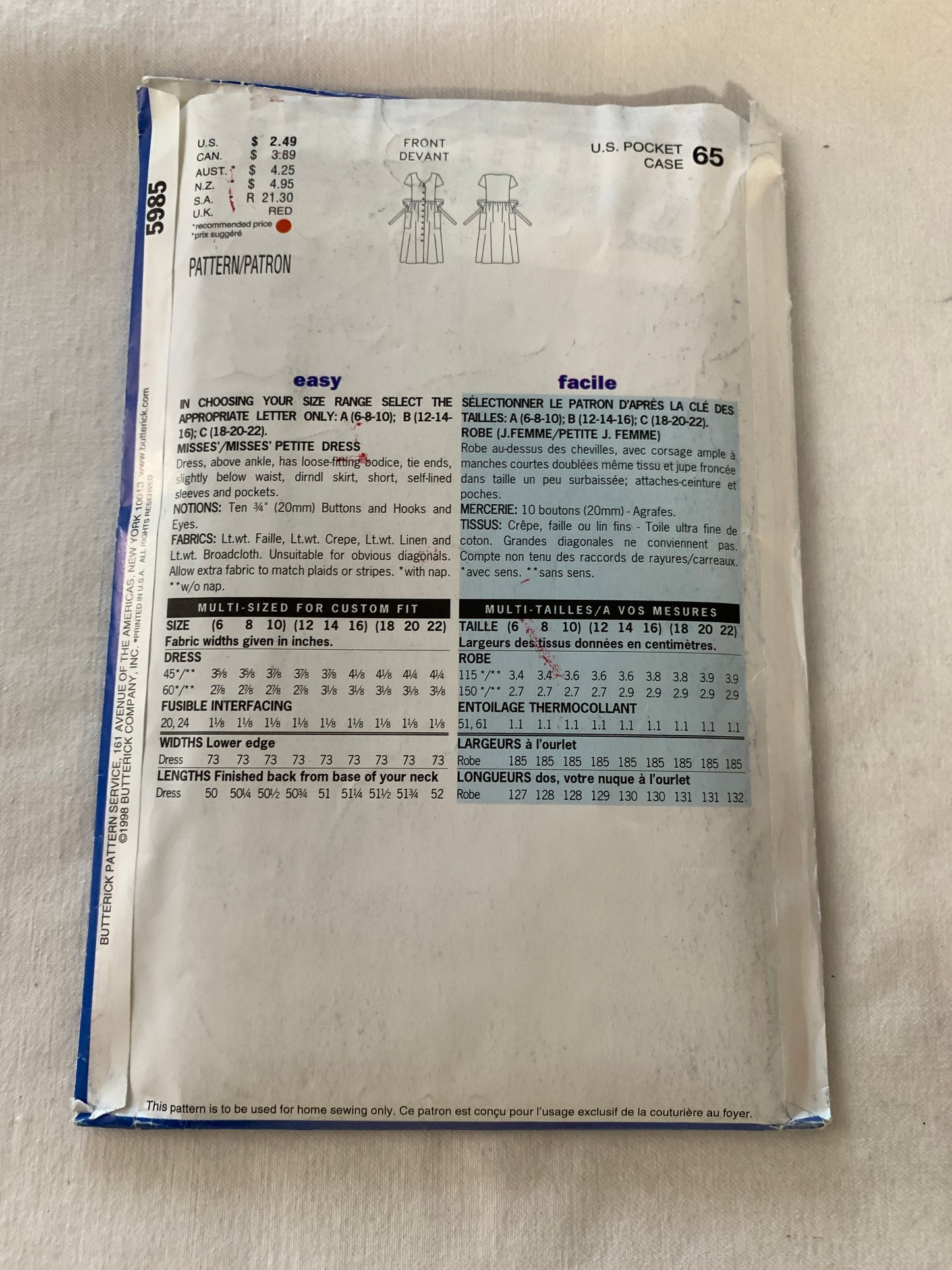 Butterick See & Sew Sewing Pattern 5985 Misses'/Misses' Petite Dress, Above Ankle, Button Front, Tie Ends, Dirndl Skirt, Size 18-22, Uncut, Vintage 1998 