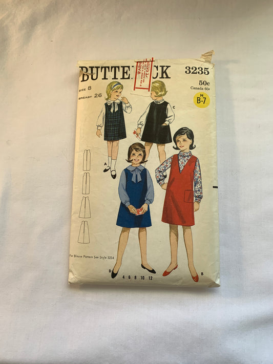 Butterick Sewing Pattern 3235 Girls' Jumper, Dress, Loose-Fitting, Zipper Back, Pockets, 4 Variations, Size 8, Cut, Vintage 1965