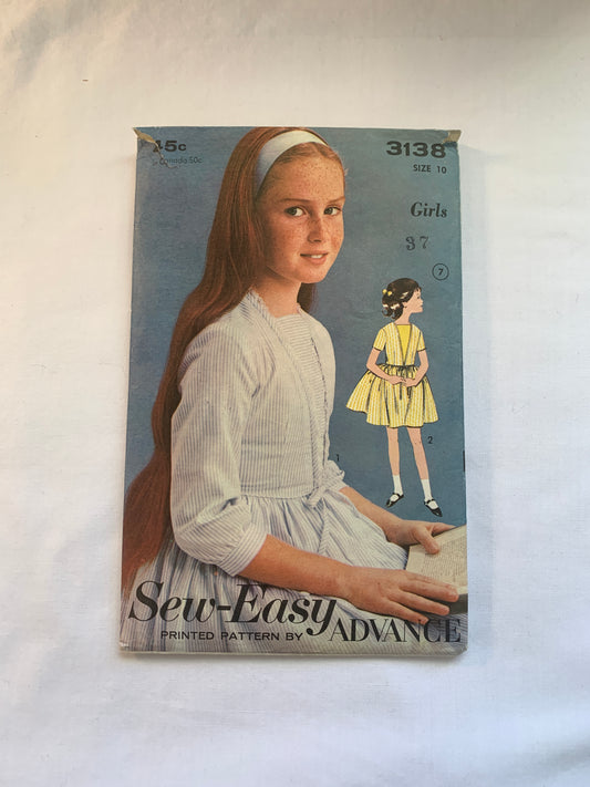 Vintage Advance Sewing Pattern 3138 Girls' Dress, Long/Short Sleeves, Flared Skirt, Size 10, Cut, Vintage 1960
