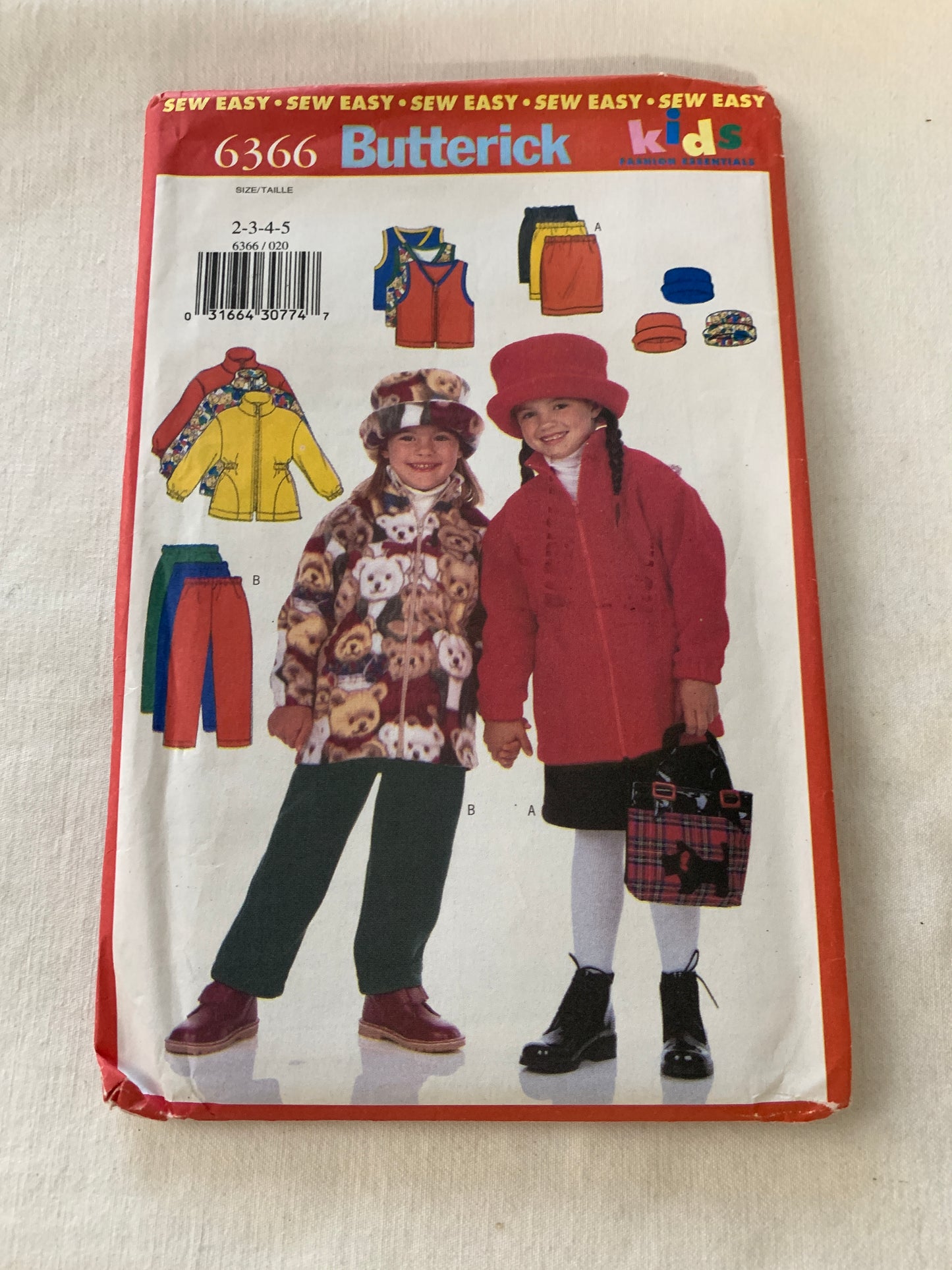Butterick Sewing Pattern 6366 Girls' Jacket, Vest, Pants, Skirt, Hat, Collar, Zipper Front, Pockets, Long Sleeves, Sleeveless, Size 2-5, Uncut, Vintage 1999