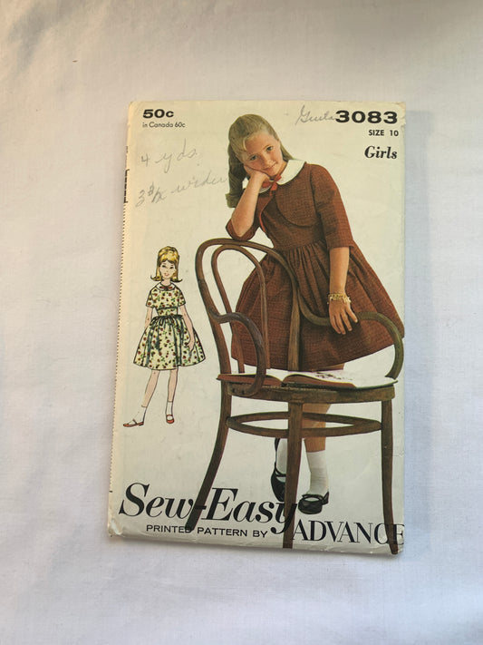 Vintage Advance Sewing Pattern 3083 Girls' Dress, Jacket, Long/Short Sleeves, Button Back, Flared Skirt, Size 10, Cut, Vintage 1960