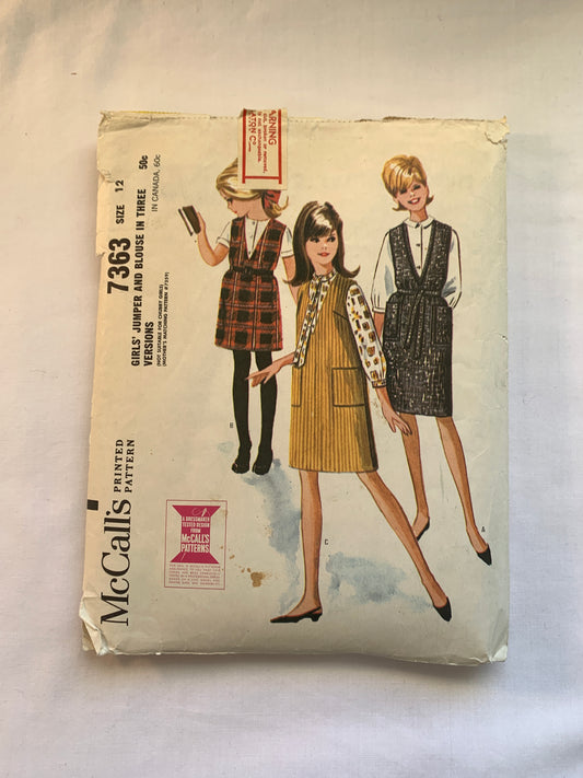 McCall's Sewing Pattern 7363 Girls' Jumper, Blouse, 3 Variations, Long/Short Sleeves, Pockets, Tie Back, Button Front, Tie Belt, Size 12, Cut, Vintage 1964