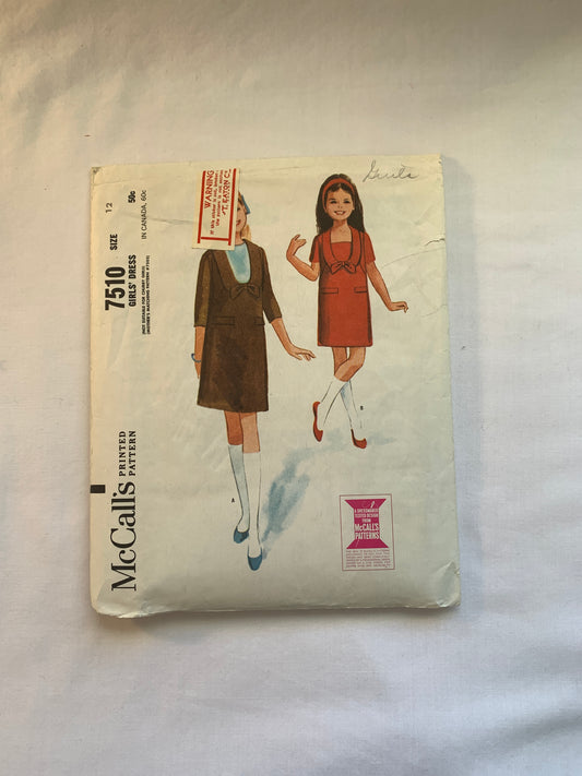 McCall's Sewing Patterns 7510 Girls' Dress, Long/Short Sleeves, Zipper Back, Size 12, Uncut, Vintage 1960