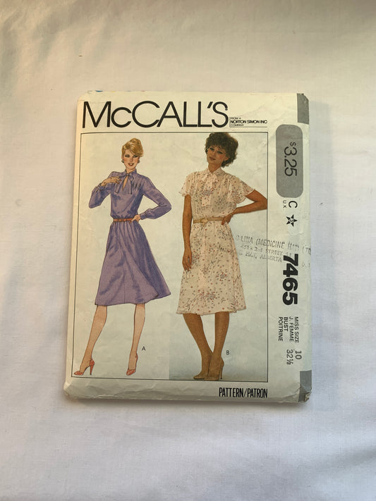 McCall's Sewing Pattern 7465 Misses' Dresses, 2 Variations, Loose-Fitting, Pullover, Long/Short Sleeves, Collar, Pockets, Size 10, Uncut, Vintage 1981